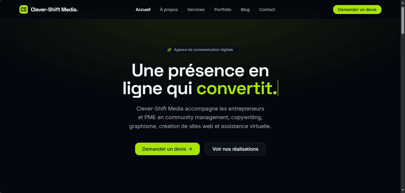Clever-Shift Media — Site vitrine pour agence de communication digitale