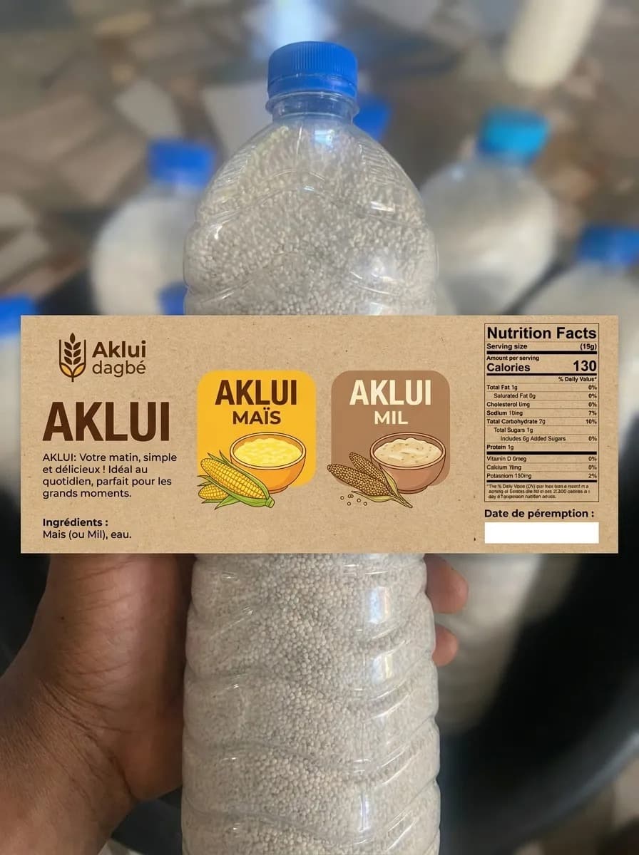 Aklui Dagbé — Étiquette produit avec tableau nutritionnel