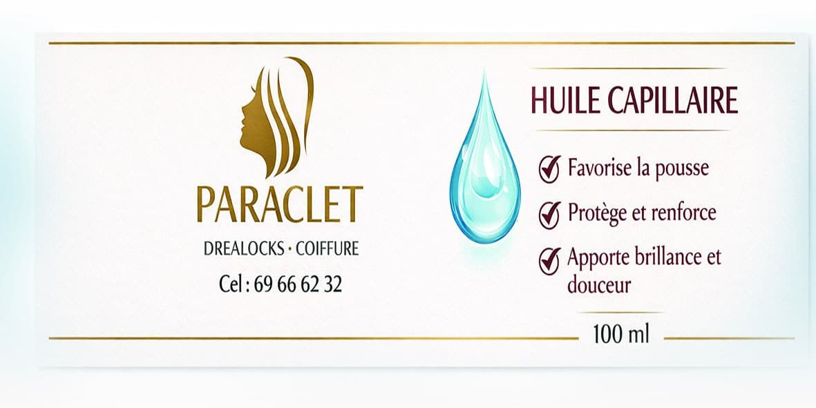Paraclet Dreadlocks Coiffure — Étiquette produit (version à plat) — Huile capillaire